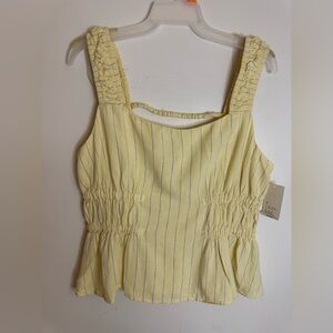 Women’s Ruched Printed Linen Top - Yellow Striped-Large